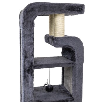 Grauer Katzenbaum mit zwei Plattformen, einem Sisal-Kratzbaum und einem hängenden Spielzeug. Weicher Stoffbezug für Komfort.