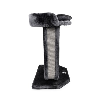 Grauer Kratzbaum für Katzen mit einem plüschigen Oberteil und einer strukturierten Kratzfläche, entworfen für Katzen zum Spielen und Entspannen.