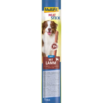 Bâton de viande MultiFit pour chiens, présentant un chien brun et blanc sur l'emballage, étiqueté "Adult Mit Lamm" avec des informations nutritionnelles.