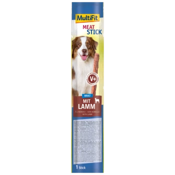 MultiFit Fleischstange für Hunde, mit einem braun-weißen Hund auf der Verpackung, beschriftet mit "Adult Mit Lamm" und Nährwertinformationen.