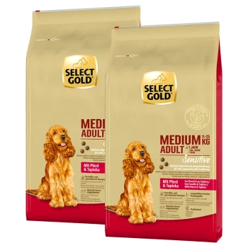 Sensitive Adulte Medium Cheval au tapioca 2x12 kg Deux sacs de nourriture pour chiens Select Gold pour chiens de taille moyenne (11-25 kg), étiquetés "Sensitive", avec du cheval et de la tapioca, mettant en avant un cocker spaniel doré.