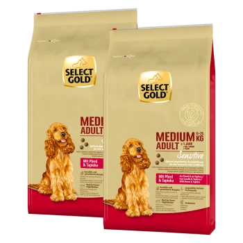 Deux sacs de nourriture pour chiens Select Gold pour chiens de taille moyenne (11-25 kg), étiquetés "Sensitive", avec du cheval et de la tapioca, mettant en avant un cocker spaniel doré.