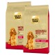 Deux sacs de nourriture pour chiens Select Gold pour chiens de taille moyenne (11-25 kg), étiquetés "Sensitive", avec du cheval et de la tapioca, mettant en avant un cocker spaniel doré.