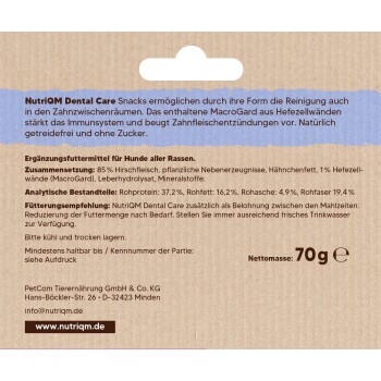 NutriQM Dental Care Hundesnacks, 70g-Packung, mit Zutaten wie 85% Wild, MacroGard und ohne Zuckerzusatz.