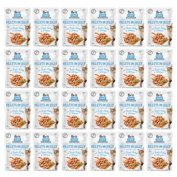 Wiele torebek Brit Care Fillets w galaretce dla dorosłych kotów, z delikatnym indykiem i krewetkami, ułożonych w siatkę.