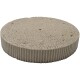 Round, textured cat scratcher made of corrugated cardboard, featuring a light gray color and a flat top surface.