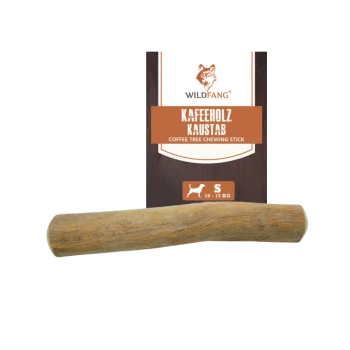 Kaffeebaum-Kaustick für Hunde, beschriftet mit "Kaffeholz Kaustab" von Wildfang, geeignet für Hunde mit einem Gewicht von 10-15 kg.