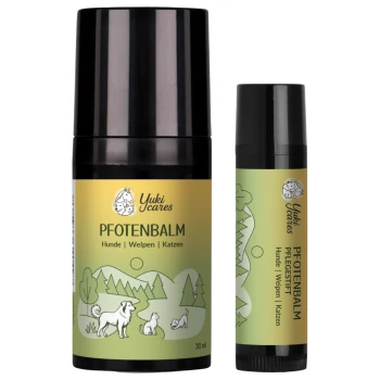 Yuki cares Nasenbutter, ein Haustiernasenbalsam, präsentiert in einem 30 ml Glas und einem 5 ml Stick, mit pinker und schwarzer Verpackung.
