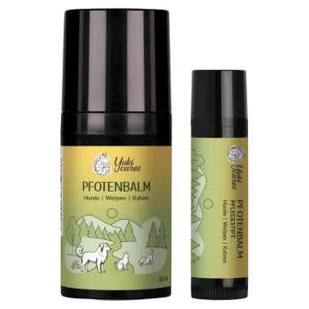 Yuki cares Nasenbutter, ein Haustiernasenbalsam, präsentiert in einem 30 ml Glas und einem 5 ml Stick, mit pinker und schwarzer Verpackung.