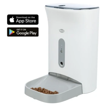 Futterautomat TX-C Smart 4.5L Pro Automatischer Futterspender für Haustiere in Weiß mit einer grauen Futterschüssel, ausgestattet mit einer digitalen Schnittstelle und Download-Optionen für iOS und Android.