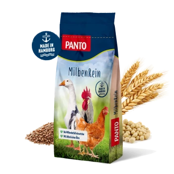 PANTO Milbenkein Geflügelfutter mit Bildern einer Gans, eines Hahns und einer Henne, hergestellt in Hamburg, mit Getreide und Sojabohnen.