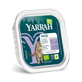 Adult Biologische Brokken in Saus 16 x 100 g Kip en Kalkoen Yarrah biologische kattenpaté verpakking met een kattenillustratie, met tekst die zegt 'mit Huhn, Truthahn & Aloe Vera' en 'Grain-free recipe.'