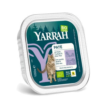 Yarrah biologische kattenpaté verpakking met een kattenillustratie, met tekst die zegt 'mit Huhn, Truthahn & Aloe Vera' en 'Grain-free recipe.'