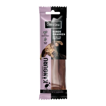 Emballage de friandises pour chiens avec un design de kangourou, étiqueté "Chewies Hunde Zigarren," sans céréales, 96% de viande musculaire, avec le visage d'un chien.