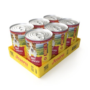 Sechs Josera Adult-Hundefutterdosen, Rind & Kartoffel, in gelbem Tray; lächelnder Hund auf dem Etikett, zu lesen 'Josera' und 'Adult'.