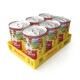 Sechs Josera Adult-Hundefutterdosen, Rind & Kartoffel, in gelbem Tray; lächelnder Hund auf dem Etikett, zu lesen 'Josera' und 'Adult'.