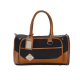 Stylische schwarze und braune Tragetasche für Haustiere mit gestepptem Design, mit einem Etikett, das "Premium Maßgeschneidert" liest.