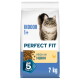Perfect Fit kattenvoerzak voor binnen (1+), 7 kg, "Rijk aan kip" met foto van een tijgerkat, afbeelding van brokjes en embleem "Total 5 Formula"