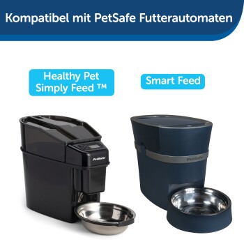 Zwei automatische Futterspender von PetSafe: schwarzer Healthy Pet Simply Feed™ links, blauer Smart Feed rechts. Der Text oben lautet "Kompabil mit PetSafe."