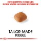 Croquettes conçues pour votre Golden Retriever, présentant un morceau de croquette brun avec le texte "TAILOR-MADE KIBBLE" en dessous.