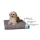 Ein flauschiger Hund auf einem grauen Haustierbett mit einem weißen Logo, aus waschbarem, wasserabweisendem Stoff und 5 cm thermoelastischem Schaum.