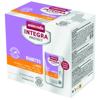 Animonda Integra Protect diabetisches Haustierfutterverpackung, Truthahngeschmack, hebt "Diabetes" und "stabile Glukose" hervor.