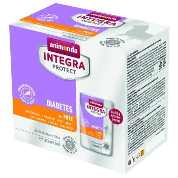 Emballage de nourriture pour animaux de compagnie Animonda Integra Protect pour diabétiques, saveur dinde, mettant en avant "Diabetes" et "steady glucose."
