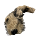 Flauschiges beiges und schwarzes Plüsch-Hundespielzeug mit schwarzer Nase, entworfen zum Kauen und Spielen für Haustiere.