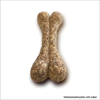 Hundeleckerli in Form eines Knochens, beschriftet mit "Schlemmerknochen mit Leber", mit einer strukturierten, körnigen Oberfläche.