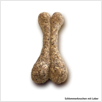 Hundeleckerli in Form eines Knochens, beschriftet mit "Schlemmerknochen mit Leber", mit einer strukturierten, körnigen Oberfläche.