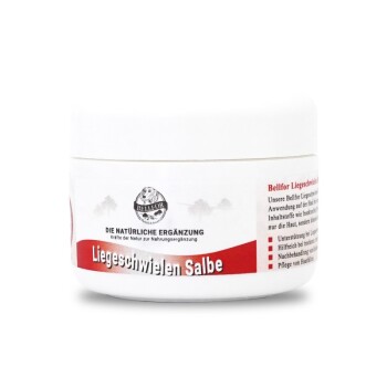 Weißes Glas von Bellfor Liegeschwielen Salbe, beschriftet für natürliche Haustierpflege, mit Text, der die Verwendung zur Hautunterstützung und -behandlung beschreibt.