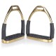 Goldene und schwarze Pferdereitsteigbügel mit strukturierten Gummifußbetten, mit dem Markennamen "EQUINATE" an der Seite eingraviert.