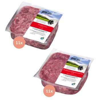 Verpackung von proCani reinem Rindfleisch-Hundefutter mit einem roten Etikett auf Deutsch, das "Rindfleisch pur" und "Pure Beef" angibt und keine Zusatzstoffe erwähnt.