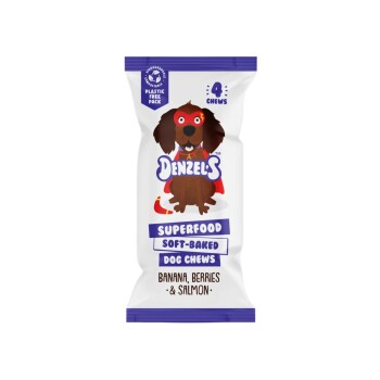 Denzel's Superfood Soft-Baked Dog Chews package with cartoon dog, labeled "Banana, Berries & Salmon," and "Plastic Free Pack" icons.