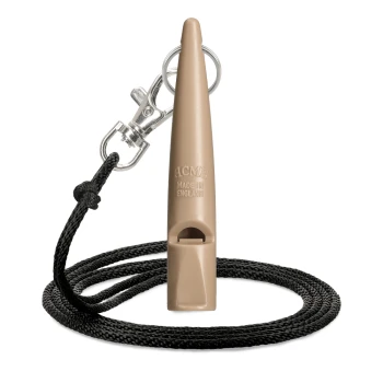 Beiges ACME-Hundetrainingspfeife mit schwarzem Halsband und Metallclip, hergestellt in England.