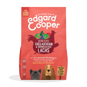 Edgard Cooper Hundefutterbeutel für Senioren, mit Freilandhuhn und norwegischem Lachs, mit Gemüse und Beeren.