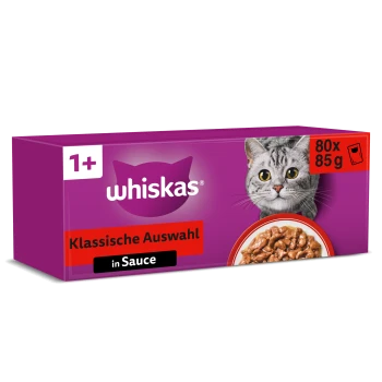 Whiskas lila Multipack-Schachtel mit grauer getigerter Katze, Schüssel Nassfutter, Text 'Klassische Auswahl', 'in Sauce', '1+', '80 x 85 g'.