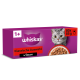 Whiskas lila Multipack-Schachtel mit grauer getigerter Katze, Schüssel Nassfutter, Text 'Klassische Auswahl', 'in Sauce', '1+', '80 x 85 g'.
