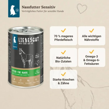 Dose Liebesgut Nassfutter Sensitiv mit der Aufschrift „Pferd für Hunde“ und „70% mageres Pferdefleisch“.