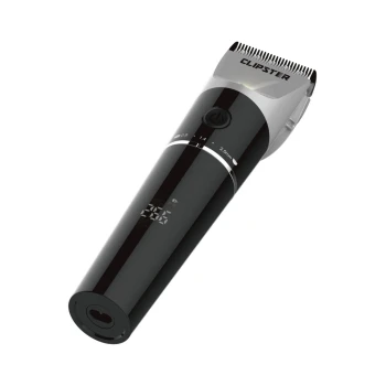 Schermaschine DeloX Akku Ein eleganter schwarzer und silberner Haarschneider für Haustiere mit einem digitalen Display, das Längeneinstellungen (0,8, 1,4, 2,0 mm) und einen Netzschalter zeigt.