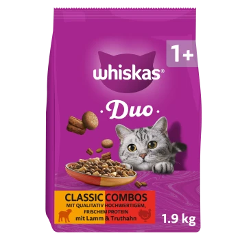 Whiskas Duo violetter Katzenfutterbeutel mit grauem Getigerten, Napf mit Kroketten und sichtbarem Text '1+', 'Classic Combos', 1,9 kg