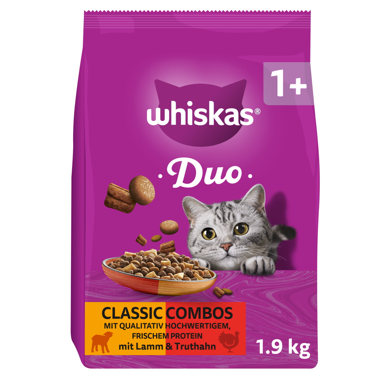 Whiskas Duo Trockenfutter Katze, Adult 1+, Thunfisch und Huhn 1,9 kg