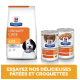 Hill's Prescription Diet Urinary Care c/d pour chiens, avec nourriture sèche et humide, et un chien sur l'emballage. Texte : "Essayez nos délicieuses pâtées."