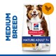 Hill's Science Plan dog food bag for medium breeds, labeled "Mature Adult 7+" with chicken, veterinarian recommended.