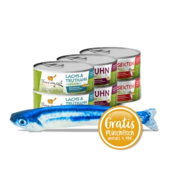 Dosenfutter für Katzen mit der Aufschrift "Ich liebe meine Katze" mit Lachs-, Truthahn- und Hühnergeschmack, plus einem Plüschfischspielzeug mit der Aufschrift "Gratis."