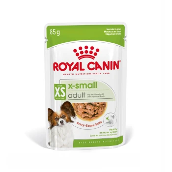 X-Small Adult in Sauce 12x85 g Royal Canin X-Small Adult Hundefutterbeutel, 85g, mit Stückchen in Soße, geeignet für Hunde über 10 Monate, fördert ein gesundes Immunsystem.
