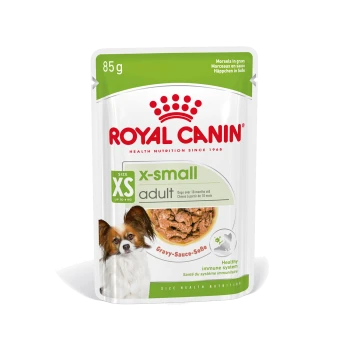 Royal Canin X-Small Adult Hundefutterbeutel, 85g, mit Stückchen in Soße, geeignet für Hunde über 10 Monate, fördert ein gesundes Immunsystem.