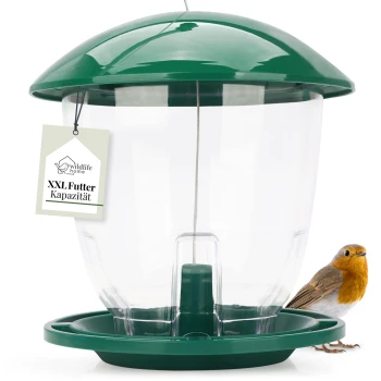 Ein grüner Vogelhaus mit einem transparenten Behälter und einem hängenden Etikett mit der Aufschrift "XXL Futter Kapazität" neben einem kleinen Vogel mit orangefarbener Brust.