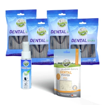 Bild von Produkten zur Zahnpflege für Haustiere, einschließlich vier Packungen BELIFOR DENTAL Sticks, einer Flasche DENTAL Spray und einer Packung DENTAL Pulver.