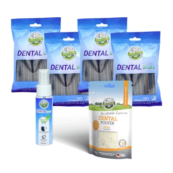Bild von Produkten zur Zahnpflege für Haustiere, einschließlich vier Packungen BELIFOR DENTAL Sticks, einer Flasche DENTAL Spray und einer Packung DENTAL Pulver.